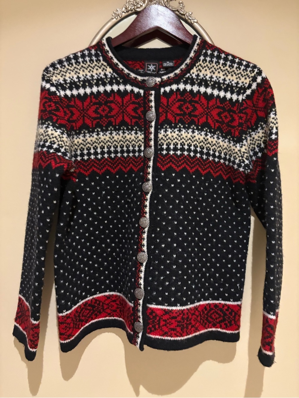 SKYR 100% Wool Cardigan Winter Sweater Fair Isle Black Red White Silver Buttons
